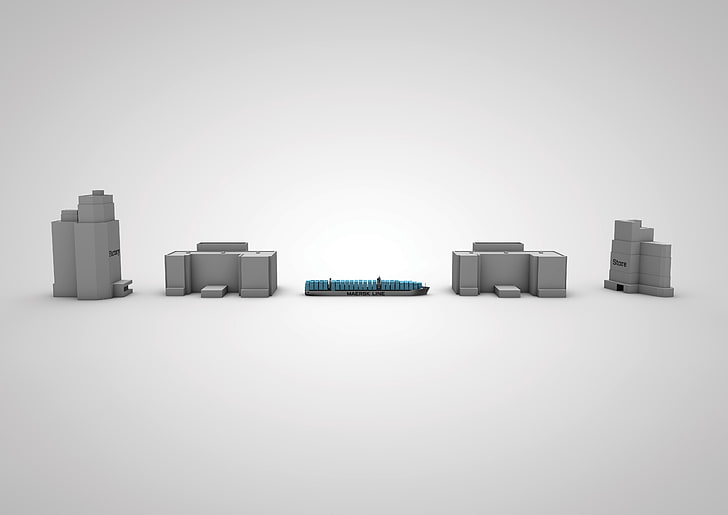 porte-conteneurs, bâtiment, objet 3d, fond simple, ligne Maersk, ombre, Fond d'écran HD