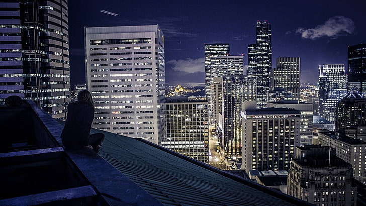 gray concrete building, city, cityscape, night, rooftops, HD wallpaper