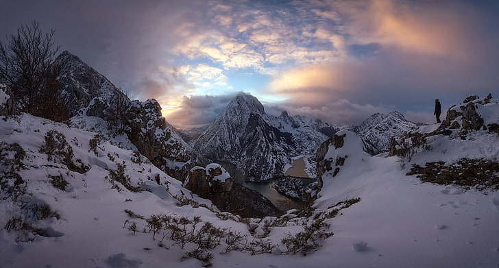 weißes und schwarzes Blumentextil, Natur, Berge, Himmel, Schnee, Landschaft, HD-Hintergrundbild