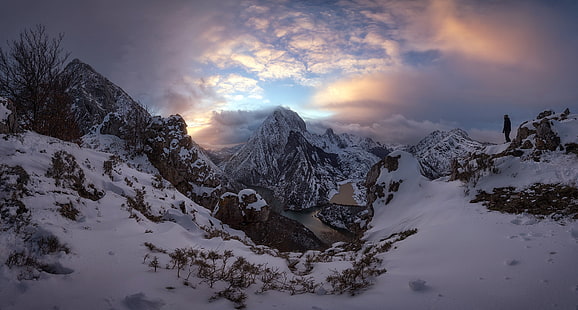 biało-czarna kwiecista tkanina, natura, góry, niebo, śnieg, krajobraz, Tapety HD HD wallpaper