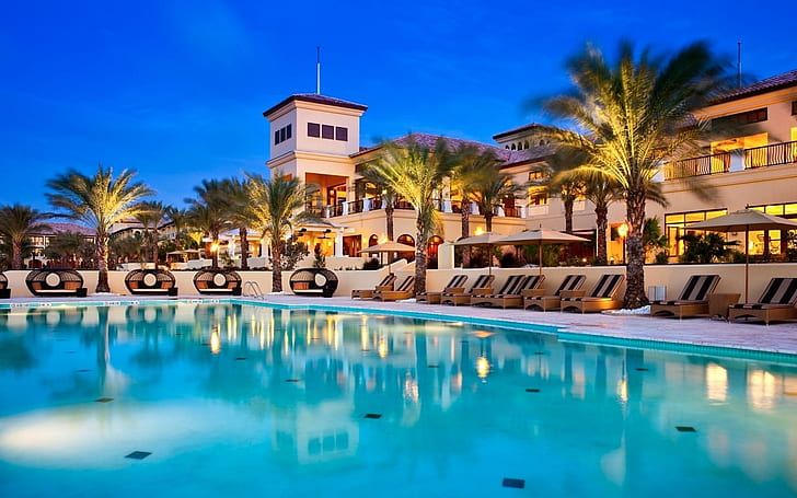 Perfect holiday resort, below ground pool, beaches, 1920x1200, palm, pool, summer, hotel, resort, HD wallpaper