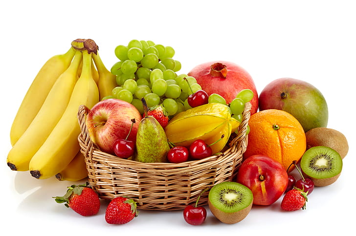 körsbär, bär, korg, äpplen, apelsin, kiwi, jordgubbe, druvor, bananer, vit bakgrund, päron, frukt, granat, HD tapet