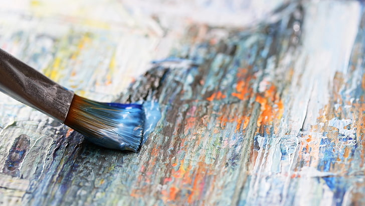 tekstil bunga biru dan merah, lukisan, kuas, permukaan kayu, Wallpaper HD