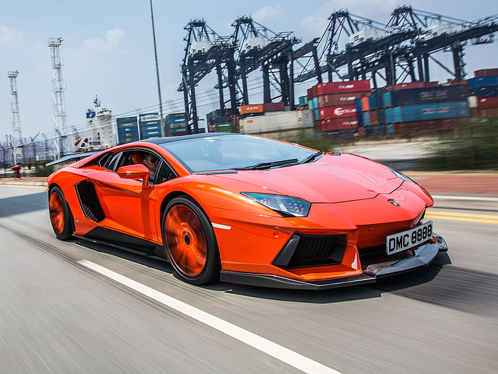 orange coupe, road, movement, tuning, Lamborghini, front view, aventador, Molto Veloce, Aventador LP900-4, HD wallpaper