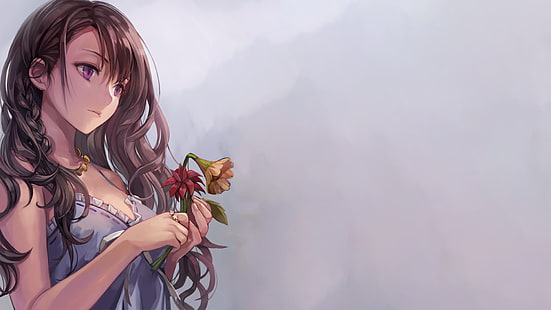 schwarzhaarige weibliche Anime-Figur, ohne Titel, einfacher Hintergrund, Anime-Mädchen, Blumen, lila Augen, Brünette, originelle Charaktere, langes Haar, weiche Schattierung, HD-Hintergrundbild HD wallpaper