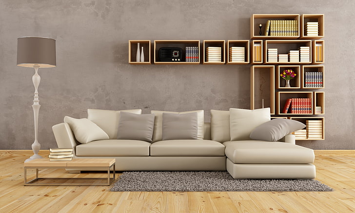 sofa narożna z białej skóry, sofa, wnętrze, poduszka, biblioteka, nowoczesny, vintage, salon, kanapa, poduszki, baranek, stylowy design, Tapety HD