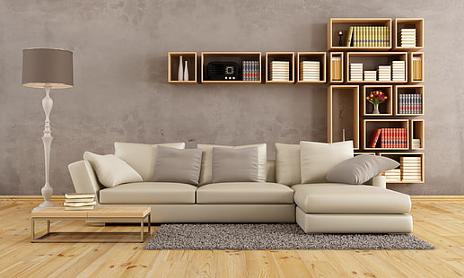 бял кожен секционен диван, диван, интериор, възглавница, библиотека, модерен, реколта, хол, диван, възглавници, агнешко, стилен дизайн, HD тапет HD wallpaper