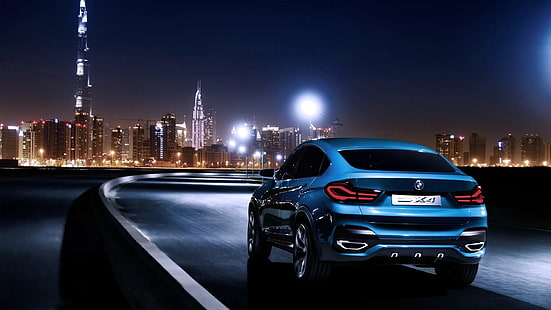 สีน้ำเงิน BMW X6 SUV, bmw x4, bmw, มุมมองด้านหลัง, สีน้ำเงิน, เมือง, กลางคืน, วอลล์เปเปอร์ HD HD wallpaper