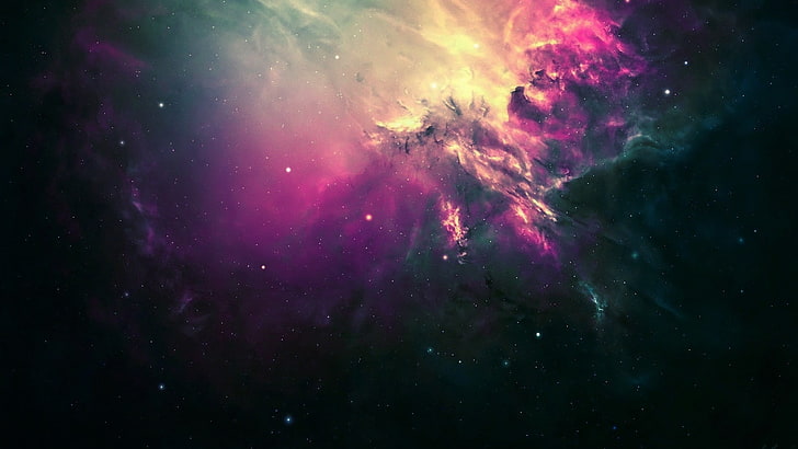 пурпурно-черное небо, звезды, туманность, цифровое искусство, цветокоррекция, космос, HD обои