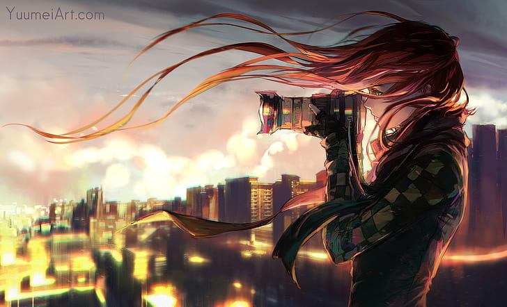 Anime, Original, City, Girl, Photographer, HD wallpaper