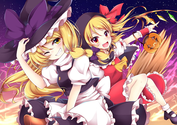 flandre scarlet, kirisame marisa, witch, blonde, touhou, smiling, maid, witch's broom, Anime, HD wallpaper