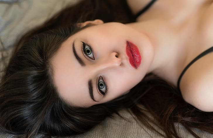 girl, photo, photographer, blue eyes, model, lips, face, brunette, eyelashes, portrait, eyebrows, mouth, makeup, close up, red lipstick, strap, lipstick, looking at camera, bare shoulders, looking at viewer, lying on back, Luigi Malanetto, Serena Irons, HD wallpaper