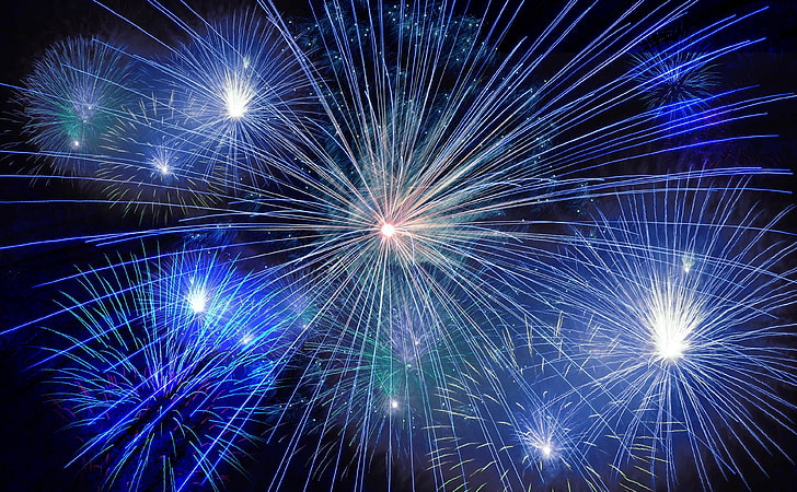 New Year 2016 Fireworks, white and blue fireworks, Holidays, New Year, Rocket, Light, Fireworks, Midnight, 2016, newyearsday, newyearseve, sylvester, turnoftheyear, pyrotechnics, fireworks art, showerofsparks, stareffects, HD wallpaper