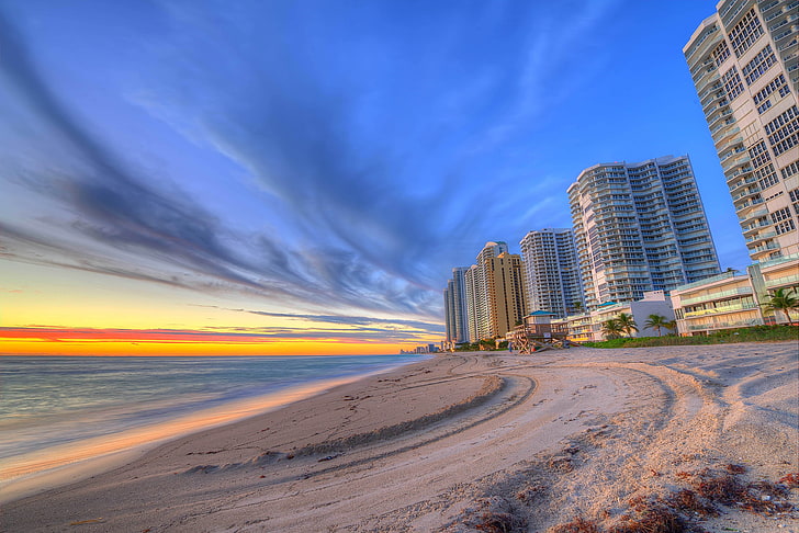 edificios blancos, playa, puesta de sol, el océano, hogar, Miami, la tarde, FL, rascacielos, florida, vice city, Fondo de pantalla HD