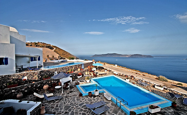 Santorini View, niebieski basen podziemny, Europa, Grecja, Widok, Podróże, Ośrodek wypoczynkowy, Basen, Santorini, Tapety HD