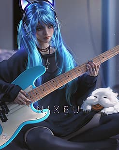 Nixeu、ドローイング、女性、Sona（League of Legends）、青い髪、ギター、青い目、屋内、 HDデスクトップの壁紙 HD wallpaper