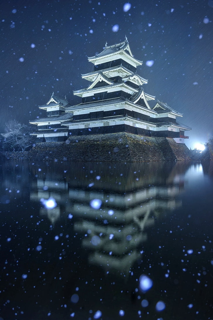 Япония, зима, Мацумото, вода, замок, HD обои, телефон обои