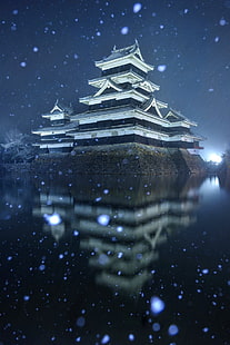 Japonya, kış, Matsumoto, su, kale, HD masaüstü duvar kağıdı HD wallpaper