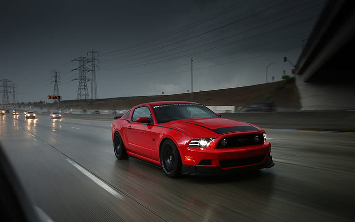 Ford Mustang RTR red supercar, highway, speed, rain, red and black coupe, Ford, Mustang, Red, Supercar, Highway, Speed, Rain, HD wallpaper