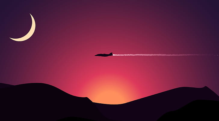 Jet Fighter Flat Design Illustration, Aero, Vektorgrafiken, Mond, Reisen, Sonnenuntergang, Flugzeuge, Minimalismus, Digitalkunst, Flatdesign, Jetfighter, HD-Hintergrundbild