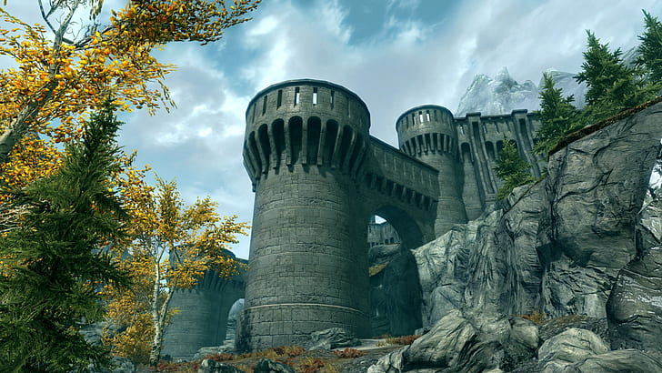 Skyrim Elder Scrolls Castle HD, graue Betonschlossmalerei, Videospiele, Burg, Skyrim, Holunder, Schriftrollen, HD-Hintergrundbild