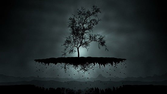 tree, silhouette, fantasy art, floating island, HD wallpaper HD wallpaper