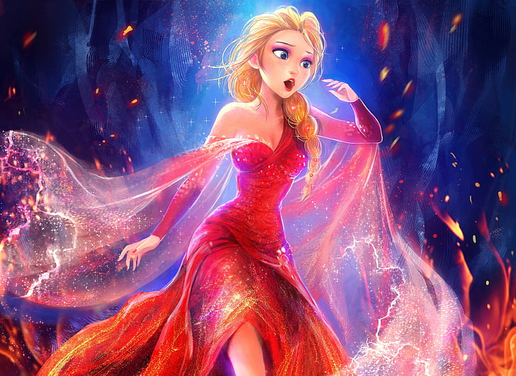 Disney Frozen Elsa тапет, огън, рокля, Frozen, Queen, Disney, Snow Queen, elsa, HD тапет