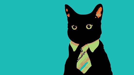 black cat with necktie illustration, internet, simple background, cat, artwork, digital art, Business Cat, HD wallpaper HD wallpaper