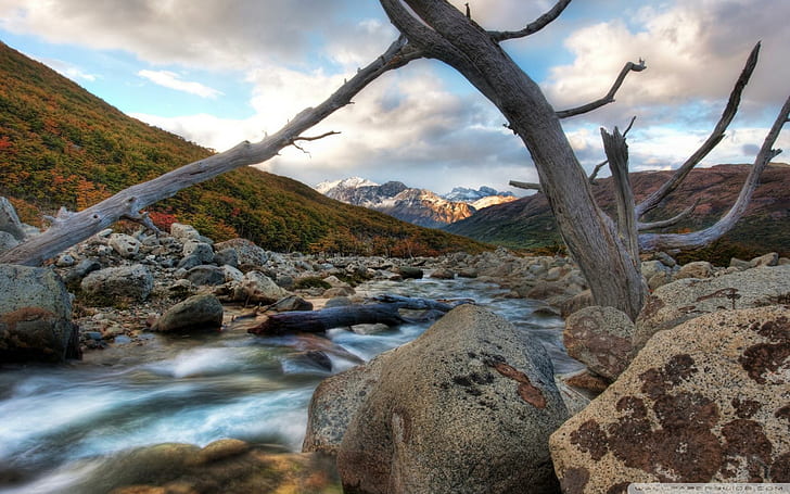 Mountain Stream Hdr, mountain, stream, fallen tree, clouds, 3d and abstract, HD wallpaper