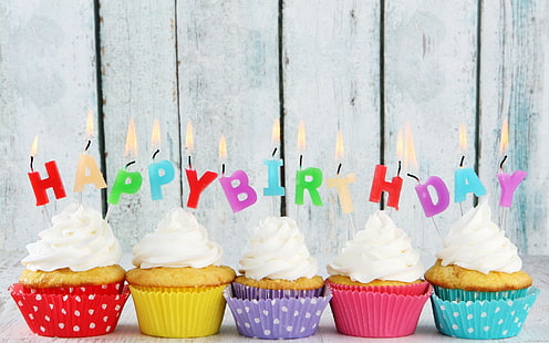 С днем ​​рождения кексы, 5 кексов с днем ​​рождения свечи, день рождения, кекс, разнообразные, еда, цвет, HD обои HD wallpaper