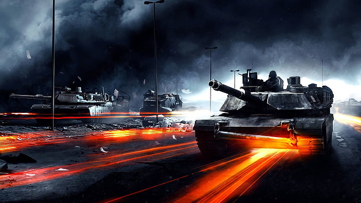 ilustrasi battletank abu-abu, medan perang, tank, cahaya, jalan, asap, Wallpaper HD