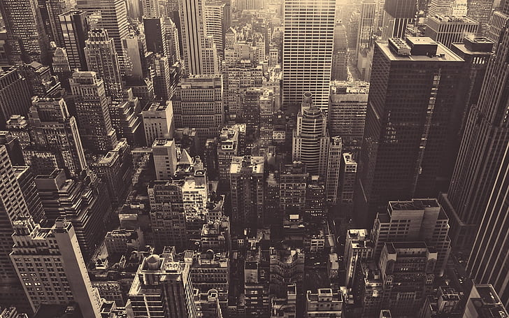 new york, skyscrapers, top view, metropolis, black and white, HD wallpaper