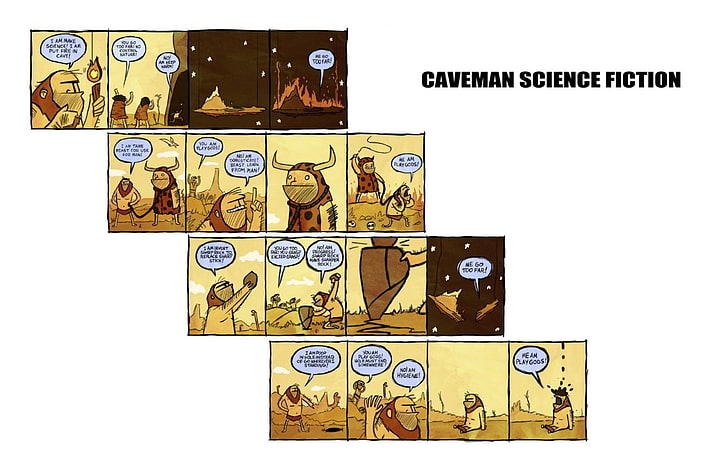 Caveman comic strip, text, comics, caveman science fiction, humor, HD wallpaper