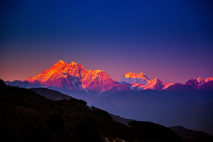 The Himalayas, himalayas, mountains, trees, evening, nepal, blue, nature and landscapes, HD wallpaper