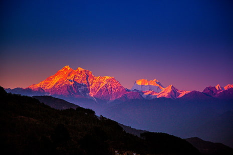 El Himalaya, Himalaya, montañas, árboles, tarde, nepal, azul, naturaleza y paisajes., Fondo de pantalla HD HD wallpaper