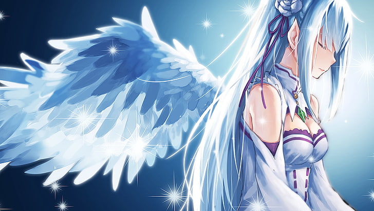 Re: Zero Kara Hajimeru Isekai Seikatsu, Emilia (Re: Zero), ailes, décolleté, cheveux blancs, foudre, Fond d'écran HD
