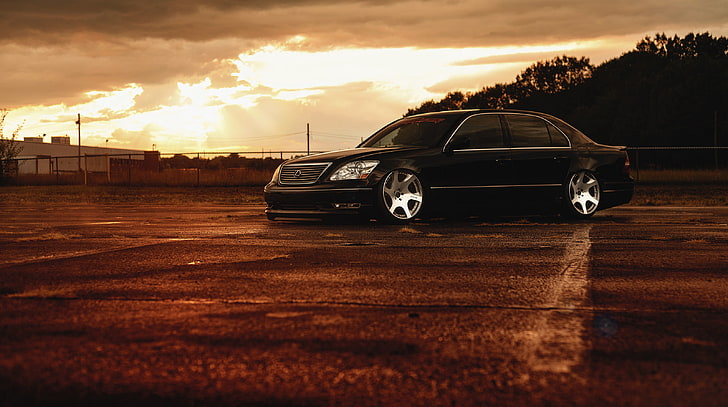 Lexus, frontal, negro, color, puesta de sol, JDM, postura, baja, LS 430, Fondo de pantalla HD