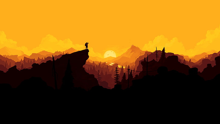 Schattenbild der Person auf Rand der Klippe, einfacher, einfacher Hintergrund, Firewatch, Sonnenuntergang, HD-Hintergrundbild