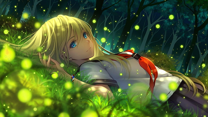 anime, gadis anime, rambut pirang, pohon, hijau, kunang-kunang, Wallpaper HD