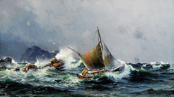 pietre, gabbiani, marinaio, Herman Gustav Sillen, Il mare e le navi, onda, Sfondo HD HD wallpaper
