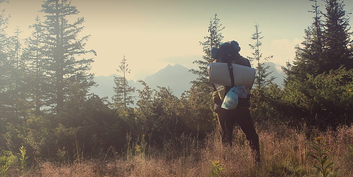 polo bleu pour homme, voyageur, forêt, sac, seul, nature, Fond d'écran HD