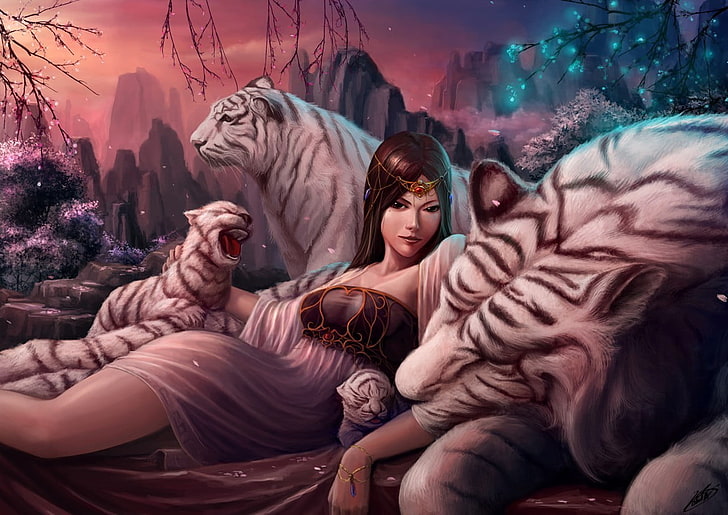 tiger, fantasy art, fantasy girl, HD wallpaper