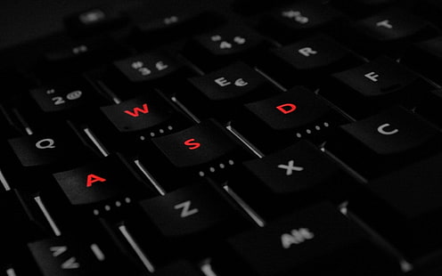black and red computer keyboard keys, computer, keyboards, macro, dark, WASD, HD wallpaper HD wallpaper