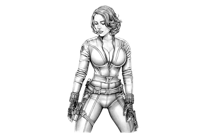 Black Widow sketch, girl, Scarlett Johansson, art, white background, pencil, The Avengers, Avengers, Armando Huerta, HD wallpaper