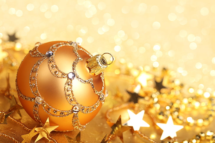 кръгла оранжева фенечка, зима, шарки, играчка, топка, пайети, Нова година, Коледа, декори, злато, звезди, празници, боке, HD тапет