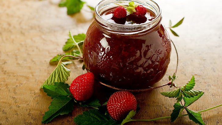 strawberry jam, jam, sweet, strawberry, leaves, HD wallpaper