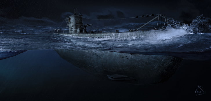 серый корабль цифровая иллюстрация, ночь, океан, искусство, подводная лодка, армия, подводный, немецкий, ужасный, лодки, U-99, вторая мировая война, известный, HD обои