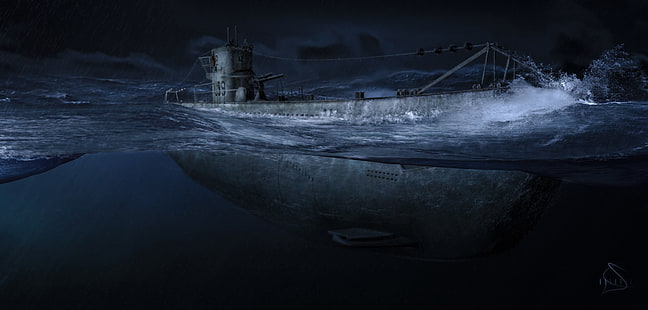 gray ship digital illustration, night, the ocean, Art, one, submarine, army, the, underwater, German, terrible, boats, U-99, The second world war, known, HD wallpaper HD wallpaper