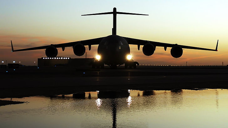silhouette of airplane, military aircraft, airplane, jets, C-17 Globmaster, silhouette, aircraft, military, HD wallpaper
