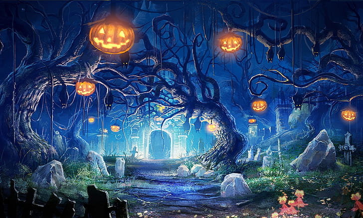 деревья, ночь, огни, камни, могилы, арт, кладбище, тыква, летучие мыши, склеп, хэллоуин, HD обои